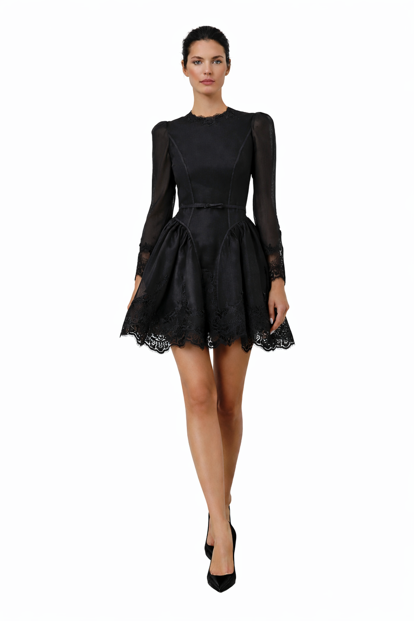 Black Silk-Linen Emerald Dress